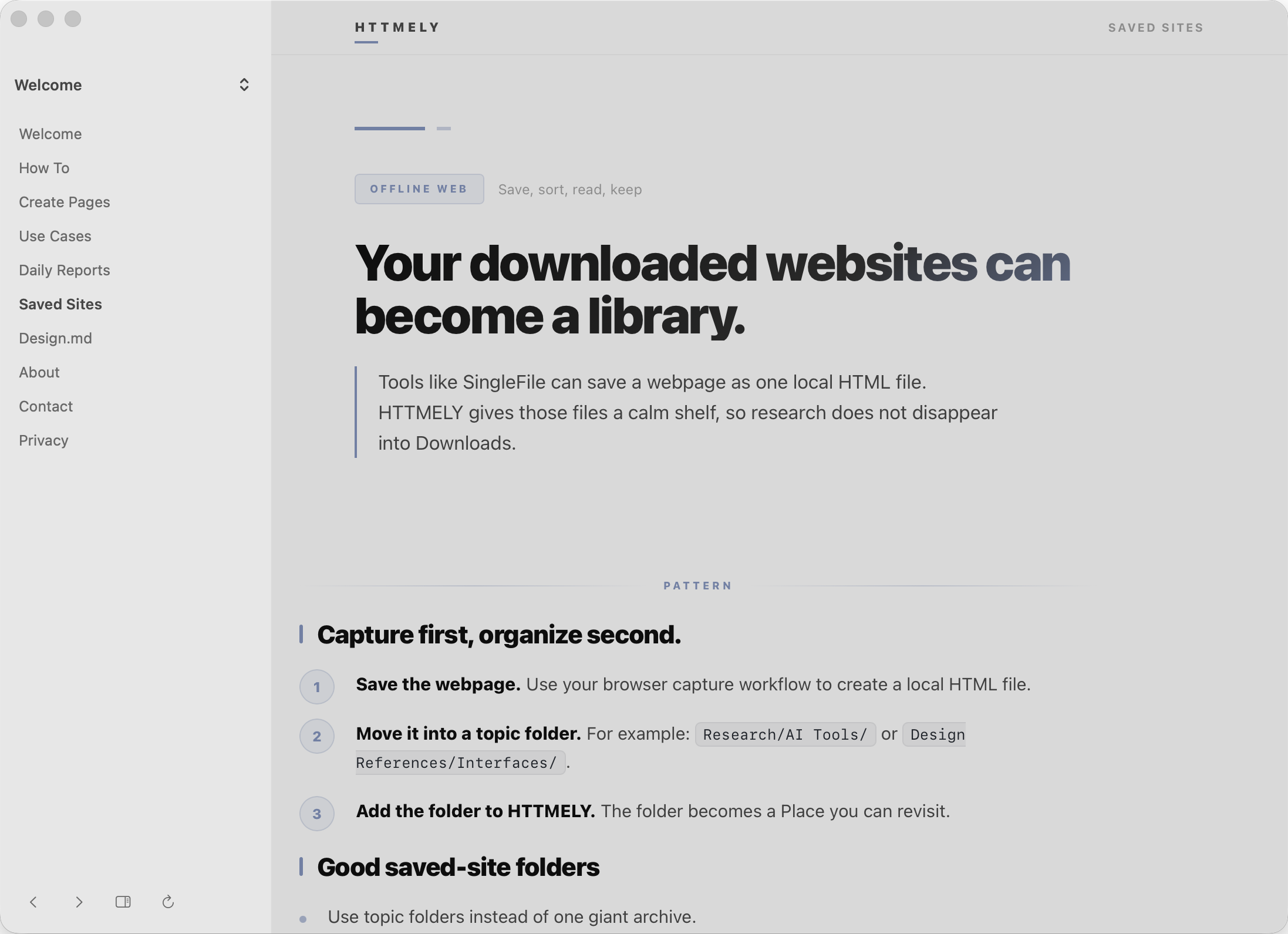 HTTMELY showing a Saved Sites page