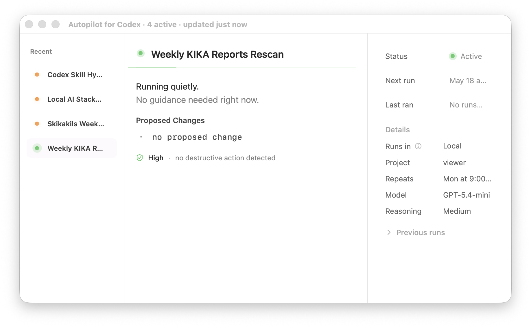 Autopilot for Codex control window showing automation status and proposed changes